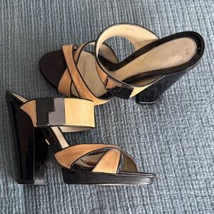L.A.M.B. Black and Tan Strappy Heels